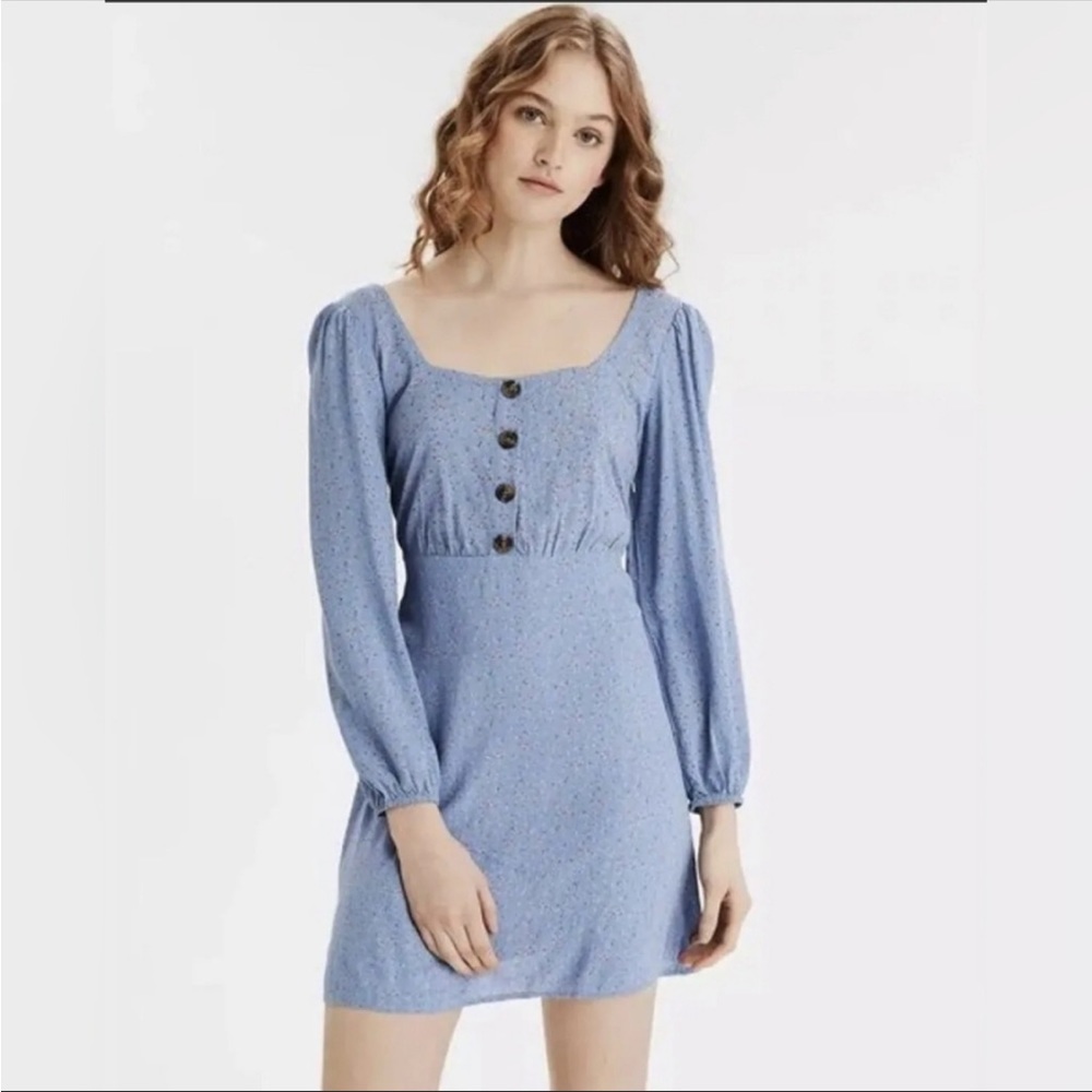 American Eagle Blue Floral Print Mini Dress with Long Sleeves Size Small